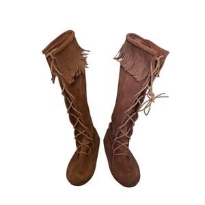 Minnetonka Moccasin Boots Suede Knee High Fringe Lace Up Sz 8 Festival